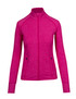 A pink heather jacket featuring a zip front, long sleeves, and pockets on the sides. It has a logo on the front.