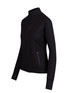 A black women's jacket with a zip-up front, long sleeves, and side pockets, featuring a logo. A black women's jacket with a zip-up front, long sleeves, and side pockets, featuring a logo.