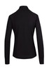 A black jacket with a high collar and long sleeves, featuring a smooth back design and branding on the collar.