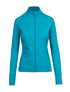 A women's jacket in heathered teal featuring a full zip and a fitted design with a logo. A women's jacket in heathered teal featuring a full zip and a fitted design with a logo.