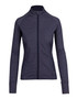 A navy blue women's jacket featuring a zip front, long sleeves, and side pockets. It has a logo on the design.