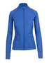 A blue women's jacket with a full zip and long sleeves, featuring a fitted design and a logo. A blue women's jacket with a full zip and long sleeves, featuring a fitted design and a logo.