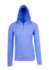 A blue half-hood top with a zippered neckline and long sleeves. The garment features a logo.
