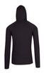 A black hooded jumper with long sleeves, featuring a simple design and a logo.