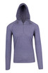 A grey half-hood top featuring a zippered front and a hood. The design includes long sleeves and a logo.