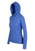 A blue half-hood top with long sleeves, featuring a hood and a zipper at the neck. Includes a branding logo.