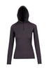 A dark grey hoodie with a half-zip and hood, featuring a fitted design and long sleeves. It has a logo.