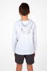 A grey hoodie for kids, featuring a back view with a hood, paired with shorts. Includes a logo.