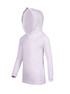 A white kids' fusion t-shirt hoodie with long sleeves and a hood, featuring a branding logo. A white kids' fusion t-shirt hoodie with long sleeves and a hood, featuring a branding logo.