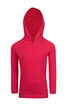 A red hoodie with a soft texture and a hood, designed for kids, featuring long sleeves.