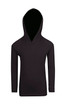 A black hoodie with a large hood and long sleeves, featuring a logo on the front.