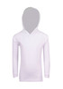 A white long-sleeve hoodie with a v-neck and a large hood, featuring a logo. A white long-sleeve hoodie with a v-neck and a large hood, featuring a logo.