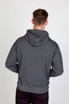 A grey heather hoodie with a drawstring hood, featuring a rear view of a model.