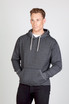 A grey heather hoodie with a front pocket and drawstring hood, featuring a logo. A grey heather hoodie with a front pocket and drawstring hood, featuring a logo.