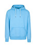 A light blue hoodie featuring a front kangaroo pocket and a drawstring hood, with a logo on the chest.