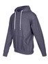 A grey heather hoodie with a front pocket and drawstring hood, featuring a logo on the side.