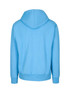 A blue hoodie with a back view, featuring a hood and long sleeves, has a logo on the fabric.
