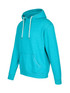 A turquoise heather hoodie with a front pocket and drawstring hood. It features a logo on the chest.