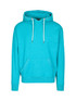 A turquoise hoodie with a front pocket and a hood, featuring a drawstring. It has a branding logo.