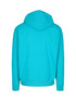 A turquoise hoodie with a drawstring hood, featuring a logo, shown from the back view. A turquoise hoodie with a drawstring hood, featuring a logo, shown from the back view.