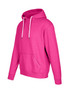 A pink heather hoodie with a front pocket and drawstring hood, featuring a logo. 