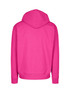 A pink hoodie with a kangaroo pocket and a hood, featuring a simple back design. It has a branding logo.