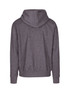 A heather grey men's hoodie with a kangaroo pocket and a hood, featuring a branding logo.