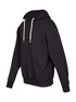 A black hoodie with a front pouch pocket and drawstrings, featuring a logo.