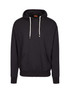 A black men's hoodie featuring a front pocket and drawstrings on the hood. It has a logo on the front. A black men's hoodie featuring a front pocket and drawstrings on the hood. It has a logo on the front.