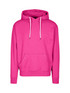 A bright pink hoodie with a front pocket and drawstring hood, featuring a logo on the design.