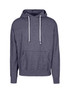 A grey heather hoodie featuring a front pocket and drawstring hood, with a logo on the front.