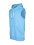 A light blue sleeveless hoodie with a front pocket and a hood, featuring a logo on the front.