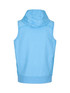 A light blue sleeveless hoodie with a hood and a waistband, featuring a logo on the back.