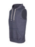 A sleeveless hoodie in a heather navy colour with a front pocket and a hood, featuring drawstrings and a logo.