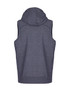 A navy heather sleeveless hoodie with a hood, featuring a branded logo.