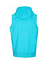 A turquoise sleeveless hoodie with a hood and a fitted bottom. It features a logo on the back.
