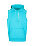 A sleeveless hoodie in bright turquoise, featuring a hood and front pocket, with a logo on the design.
