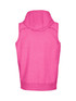 A sleeveless pink hoodie with a hood and a fitted waistband, featuring a logo on the back.