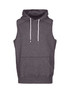 A sleeveless grey hoodie with a front pocket and drawstring hood, featuring a logo.