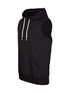 A black sleeveless hoodie featuring a front pocket and drawstring hood. The garment has a branding logo.