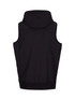 A black sleeveless hoodie with a hood, featuring a simple design and a branded logo.
