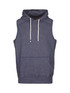 A sleeveless hoodie in a heather navy colour with a front pocket and a hood. It features a logo on the design.