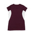A women's t-shirt in maroon with white side panels and a logo on the back.