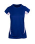 A women's T-shirt in navy blue with white accents, featuring a logo on the front.