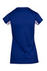 A blue and white women's T-shirt featuring short sleeves and a sporty design, with a logo on the back. A blue and white women's T-shirt featuring short sleeves and a sporty design, with a logo on the back.