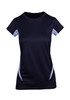 A women's cool-dry T-shirt in navy blue with light blue accents and a logo. Short sleeves and a fitted design.