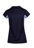 A women's T-shirt in navy blue with light blue accents, featuring a logo. Back view displayed. A women's T-shirt in navy blue with light blue accents, featuring a logo. Back view displayed.