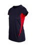 A women's T-shirt in navy blue with red side panels and a smooth finish. It features a logo on the front.