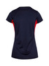 A navy blue Women's Accelerator Cool-Dry T-shirt with red accents, featuring a logo.