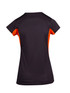 A women's short-sleeve T-shirt in black with orange accents, featuring a logo on the back. A women's short-sleeve T-shirt in black with orange accents, featuring a logo on the back.